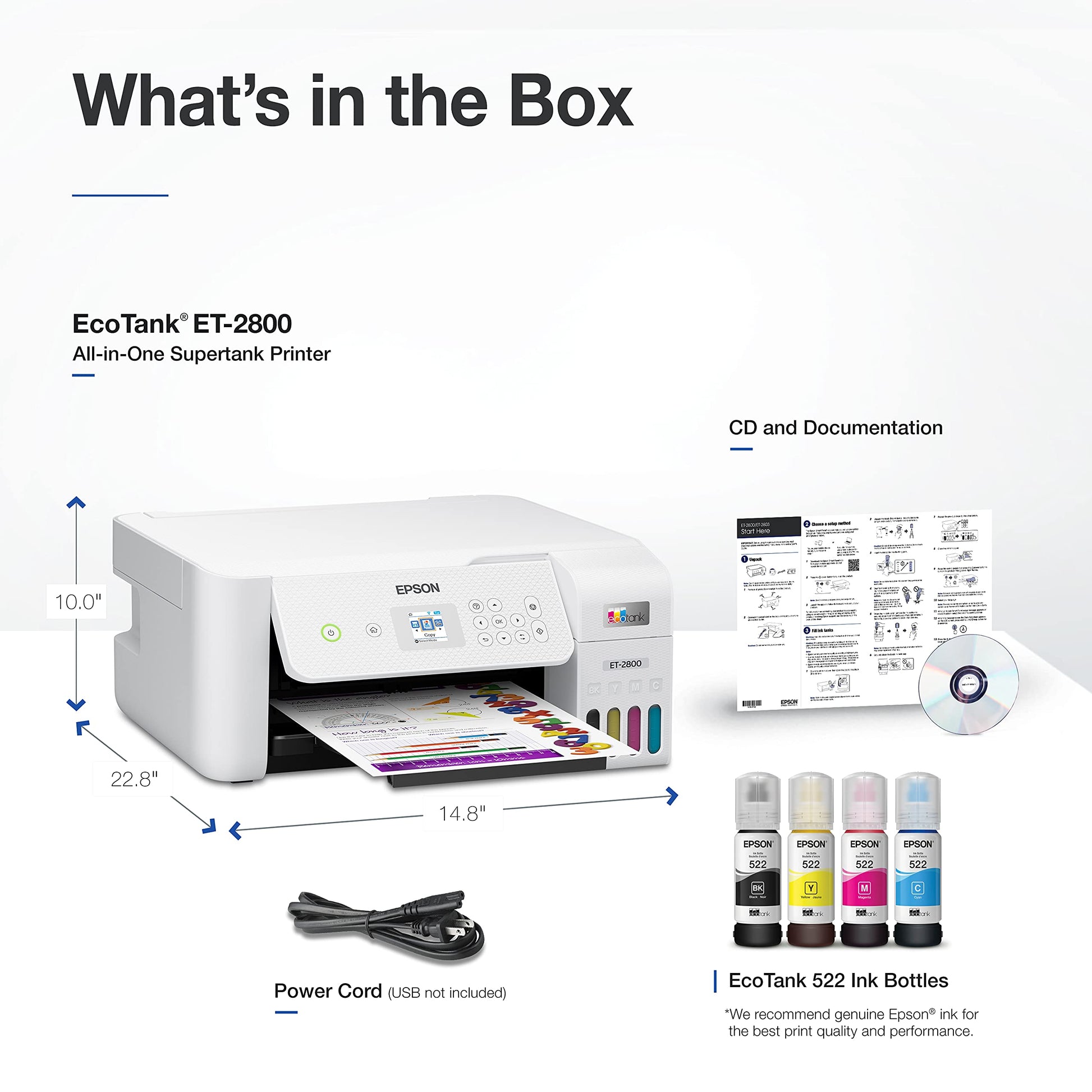 Epson EcoTank ET-2800 Wireless Color All-in-One Cartridge-Free Supertank Printer with Scan and Copy – The Ideal Basic Home Printer - Black, Medium
