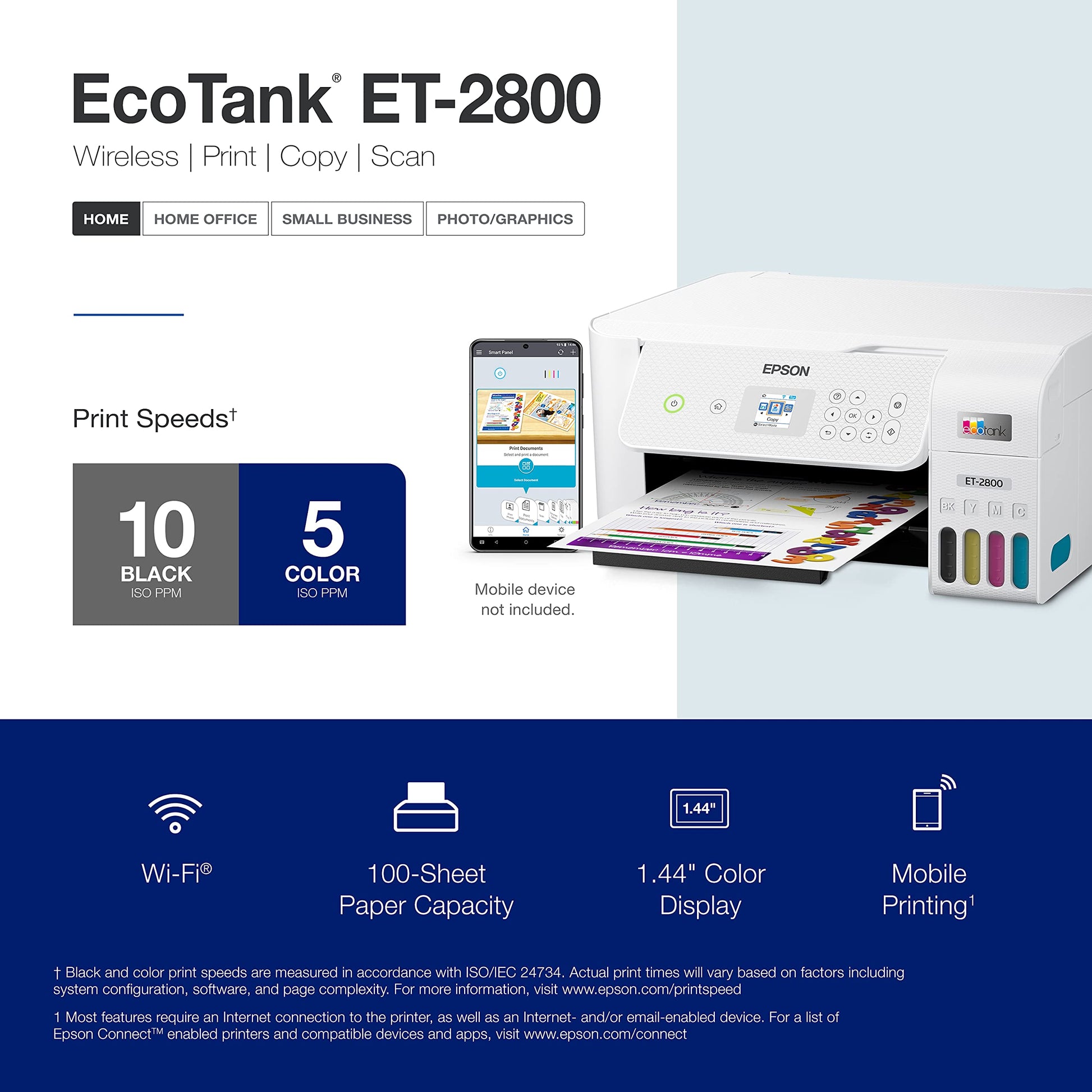 Epson EcoTank ET-2800 Wireless Color All-in-One Cartridge-Free Supertank Printer with Scan and Copy – The Ideal Basic Home Printer - Black, Medium