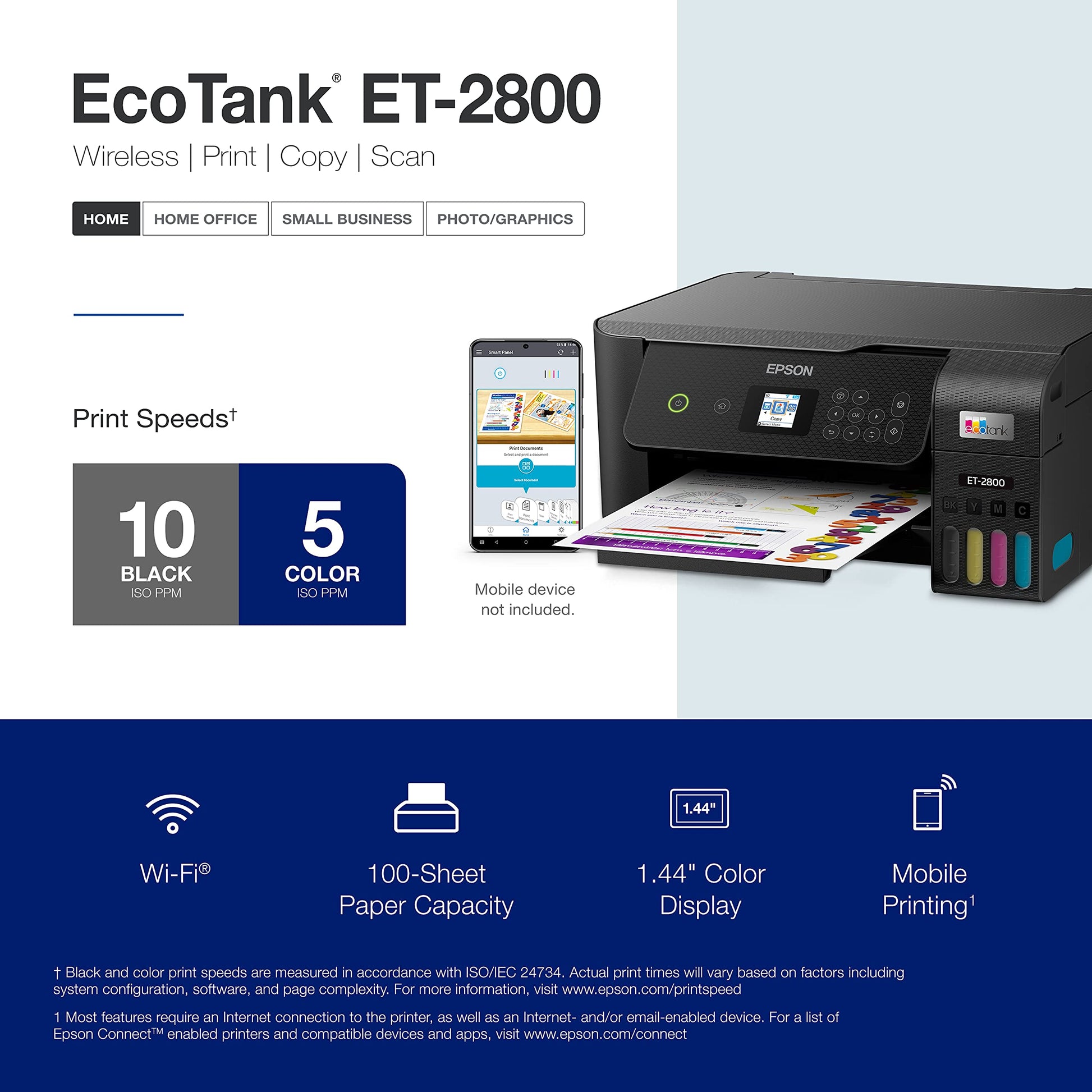 Epson EcoTank ET-2800 Wireless Color All-in-One Cartridge-Free Supertank Printer with Scan and Copy – The Ideal Basic Home Printer - Black, Medium