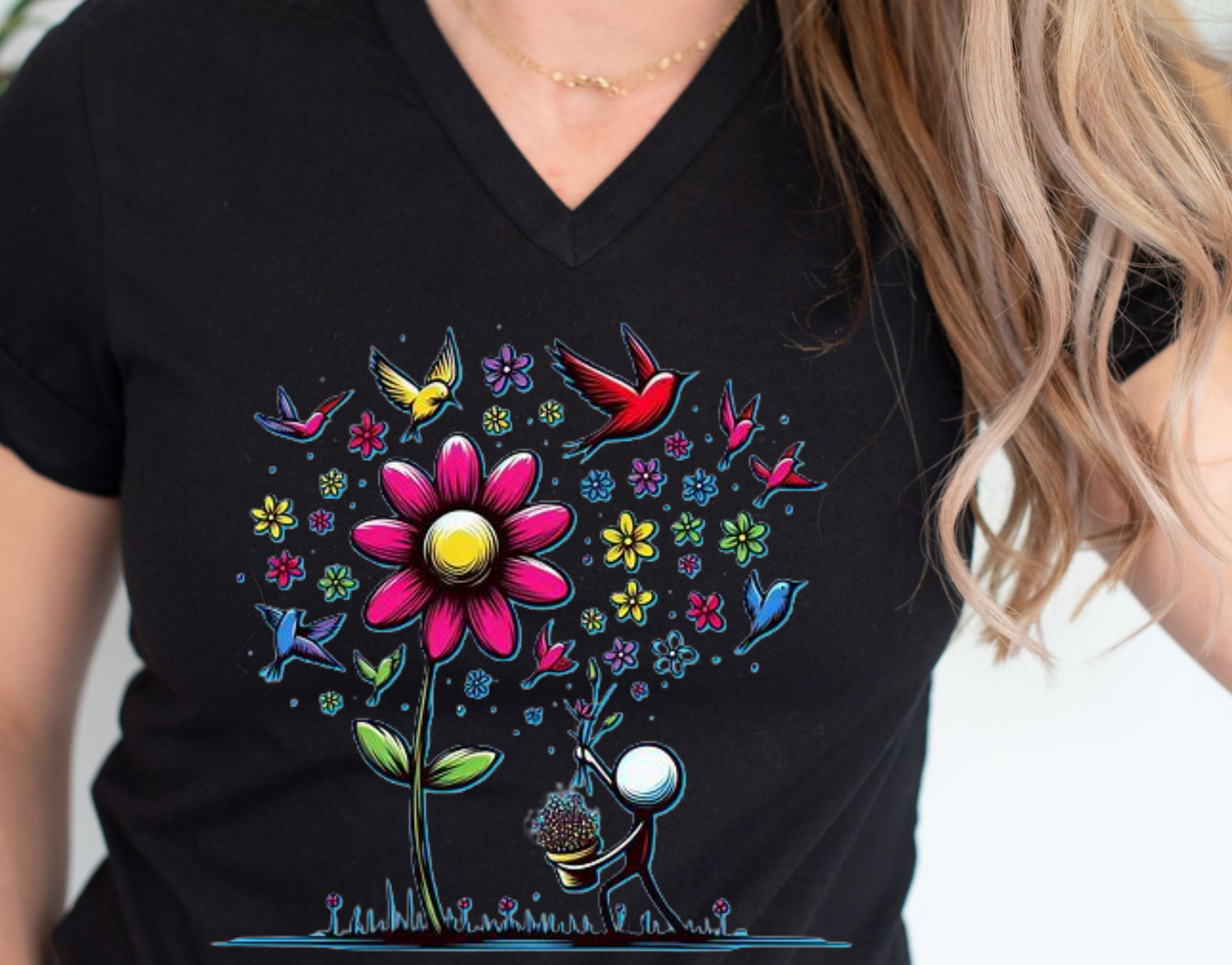 V-Neck Tee Picking Flowers Shirt
