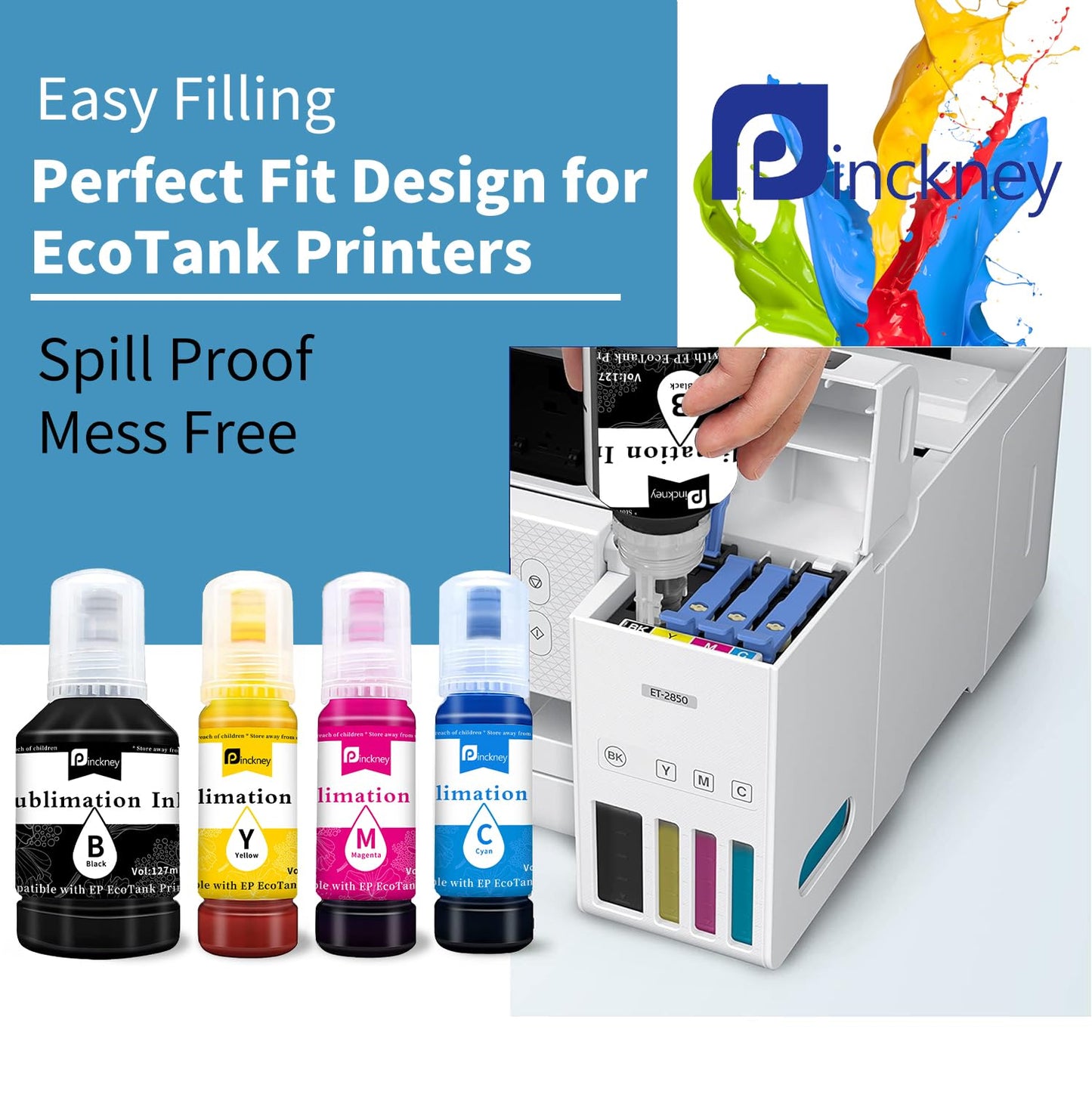 Pinckney Cartridge-Free Super-Tank Printer with Sublimation Ink Bundle for Heat Transfers, Easy Fill, Built-in Scanner & Copier (White)