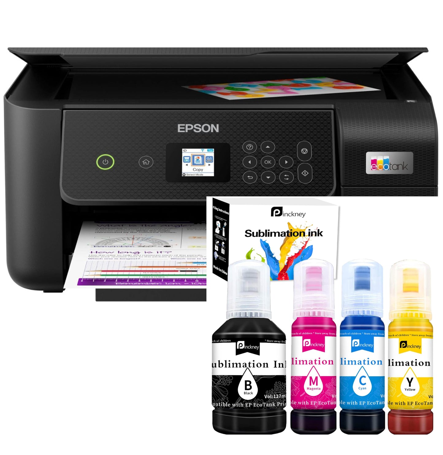Pinckney Cartridge-Free Super-Tank Printer with Sublimation Ink Bundle for Heat Transfers, Easy Fill, Built-in Scanner & Copier (White)